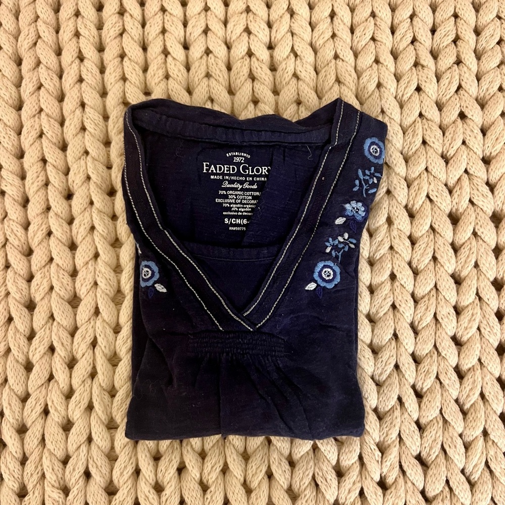 Faded Glory Dark Blue Kids Blouse with Floral Details